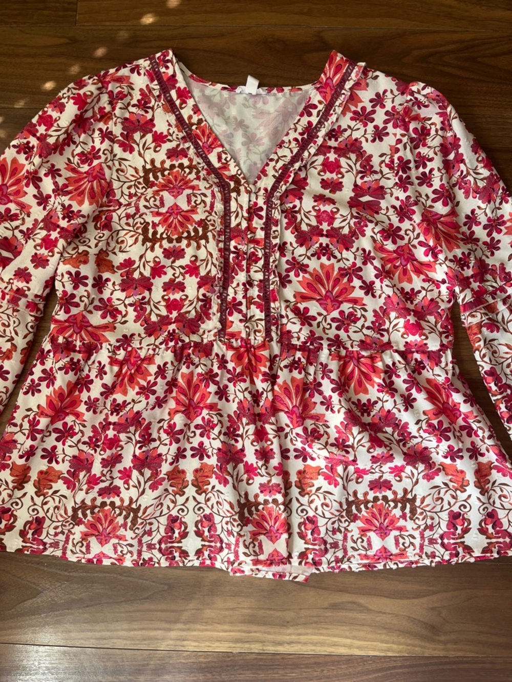 Tribal Pink Cream Floral V-Neck Tunic Blouse Summer Button Long Sleeve Cute L